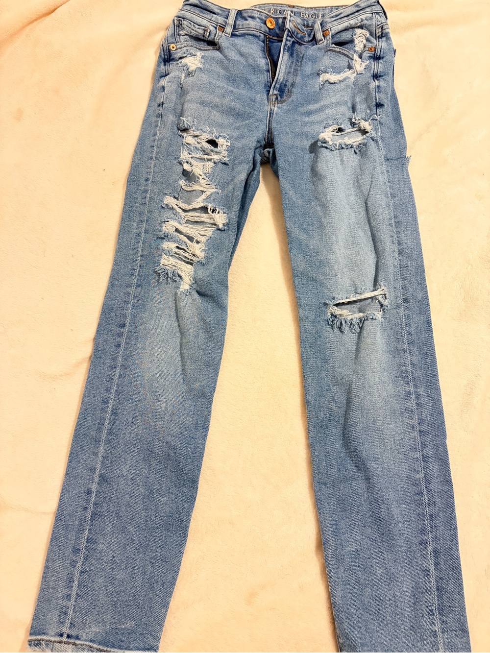 American Eagle Outfitters Light Blue Ripped Straight-Leg Jeans - Women